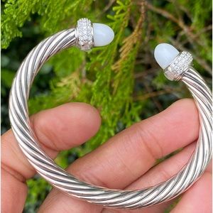 Sterling Twisted Cable 3~Pave Genuine Diamonds White Agate Tips Cuff Bracelet.